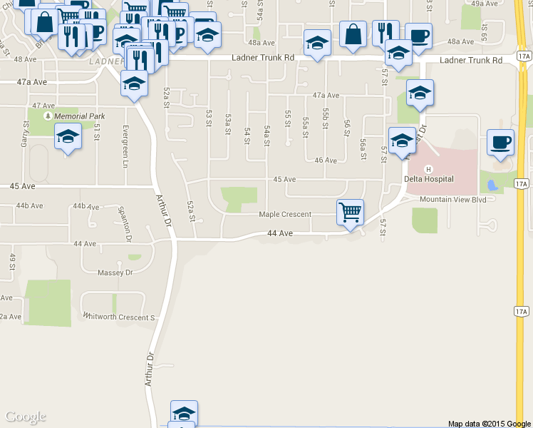 map of restaurants, bars, coffee shops, grocery stores, and more near Maple Crescent in Delta