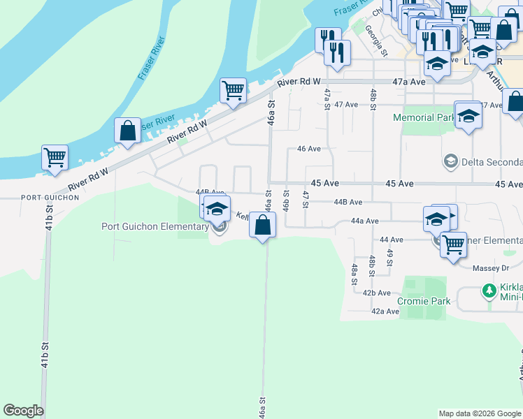 map of restaurants, bars, coffee shops, grocery stores, and more near 4459 46A Street in Delta