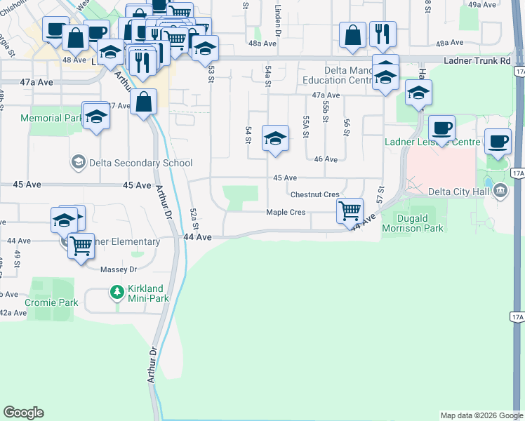 map of restaurants, bars, coffee shops, grocery stores, and more near 4435 54A Street in Delta