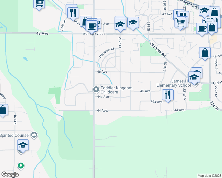 map of restaurants, bars, coffee shops, grocery stores, and more near 21702 45 Avenue in Langley