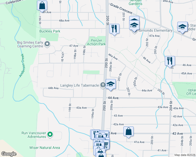 map of restaurants, bars, coffee shops, grocery stores, and more near 4536 199A Street in Langley
