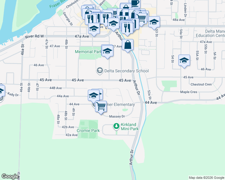 map of restaurants, bars, coffee shops, grocery stores, and more near 5104 44B Avenue in Delta