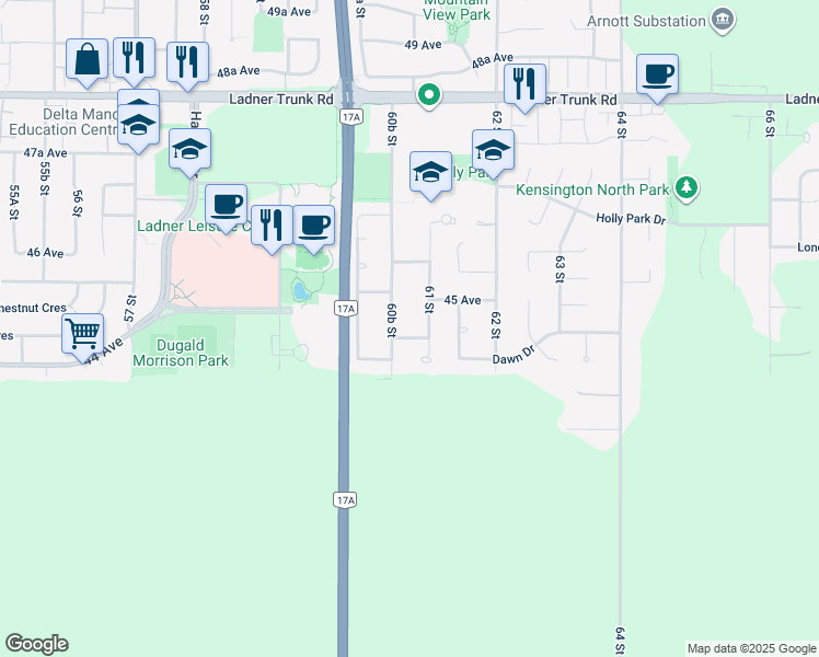 map of restaurants, bars, coffee shops, grocery stores, and more near 6079 44A Avenue in Delta
