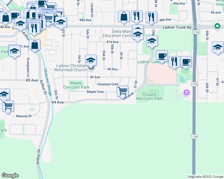 map of restaurants, bars, coffee shops, grocery stores, and more near 5521 Maple Crescent in Delta