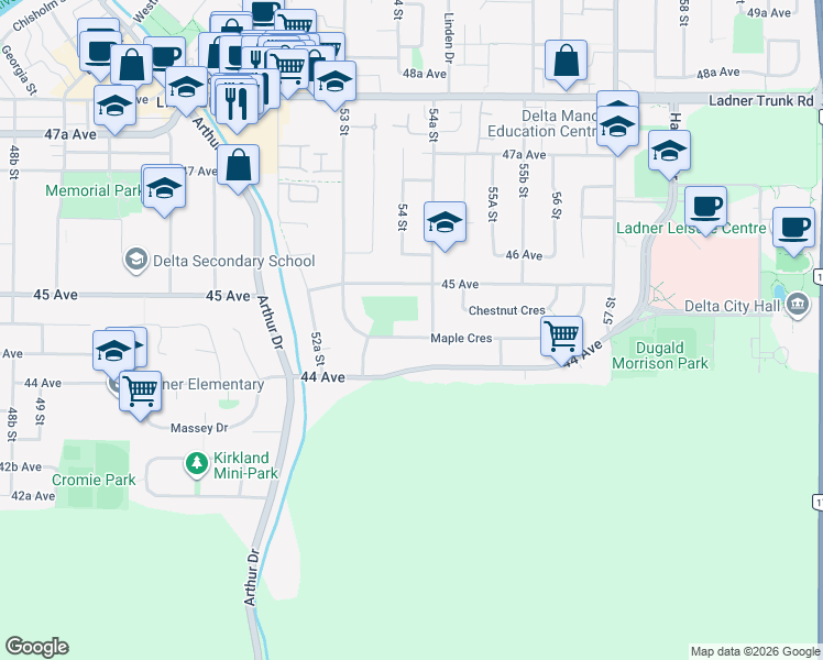 map of restaurants, bars, coffee shops, grocery stores, and more near 5373 Maple Crescent in Delta