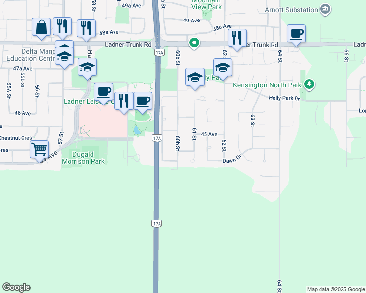 map of restaurants, bars, coffee shops, grocery stores, and more near 6067 44A Avenue in Delta