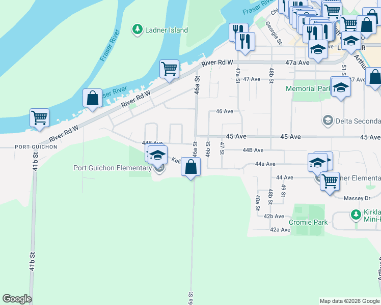 map of restaurants, bars, coffee shops, grocery stores, and more near 4463 46A Street in Delta