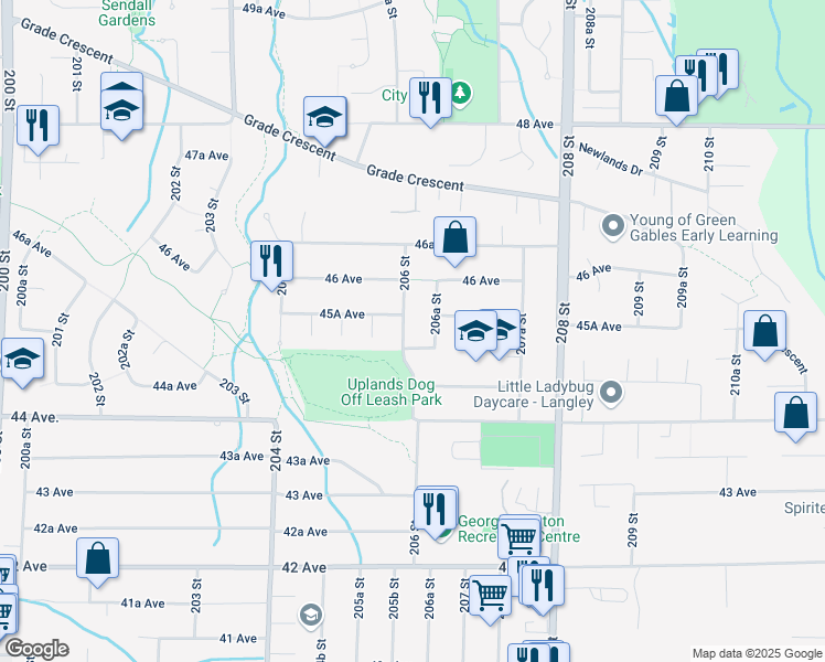 map of restaurants, bars, coffee shops, grocery stores, and more near 4520 206 Street in Langley