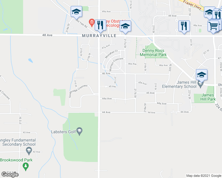 map of restaurants, bars, coffee shops, grocery stores, and more near 21654 45 Avenue in Langley