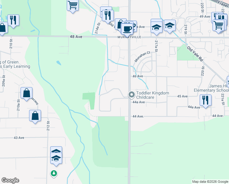 map of restaurants, bars, coffee shops, grocery stores, and more near 4509 Southridge Crescent in Langley