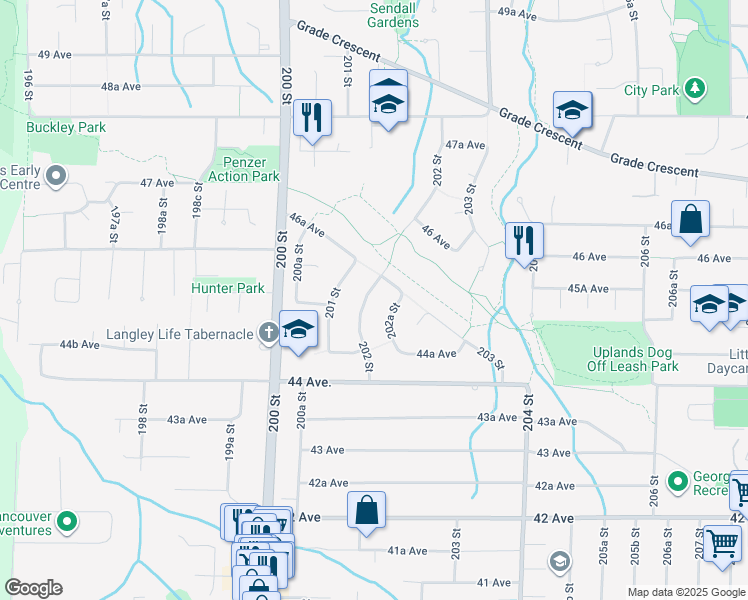 map of restaurants, bars, coffee shops, grocery stores, and more near 4530 202 Street in Langley