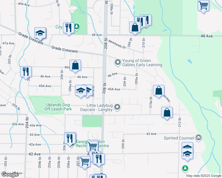 map of restaurants, bars, coffee shops, grocery stores, and more near 20844 45A Avenue in Langley