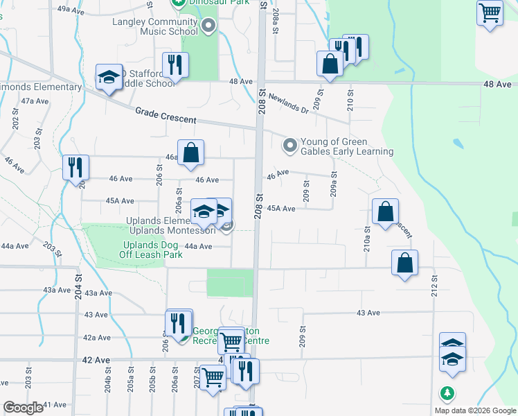 map of restaurants, bars, coffee shops, grocery stores, and more near 4536 208 Street in Langley