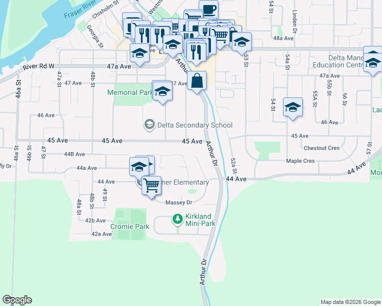map of restaurants, bars, coffee shops, grocery stores, and more near 5255 Lynn Place in Delta