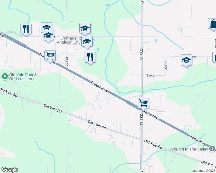 map of restaurants, bars, coffee shops, grocery stores, and more near 23009 Fraser Highway in Langley