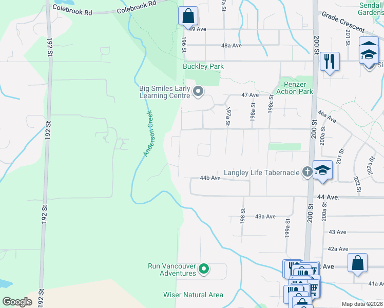 map of restaurants, bars, coffee shops, grocery stores, and more near 4547 196A Street in Langley