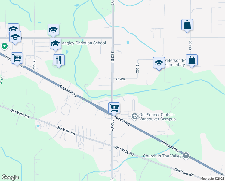 map of restaurants, bars, coffee shops, grocery stores, and more near 4533 232 Street in Langley