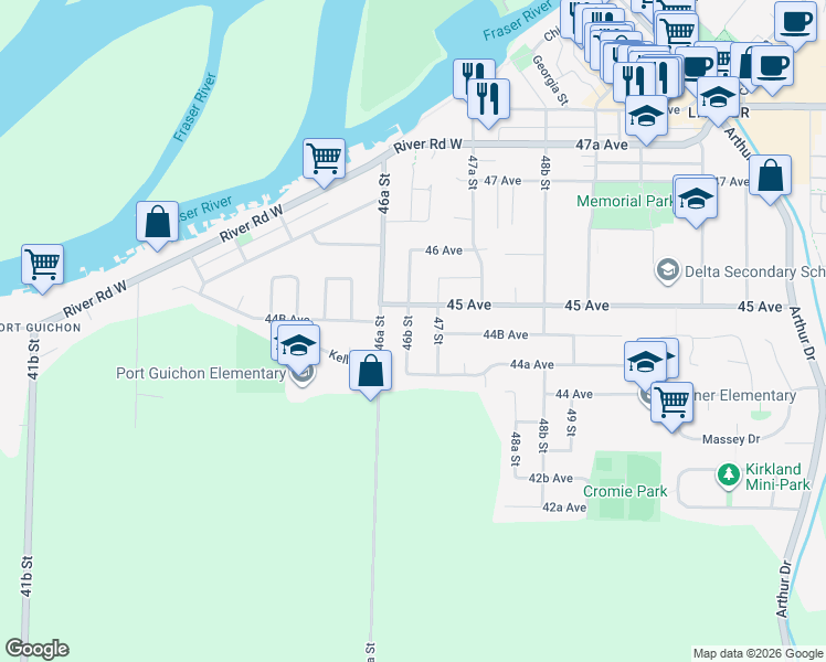 map of restaurants, bars, coffee shops, grocery stores, and more near 4474 46B Street in Delta