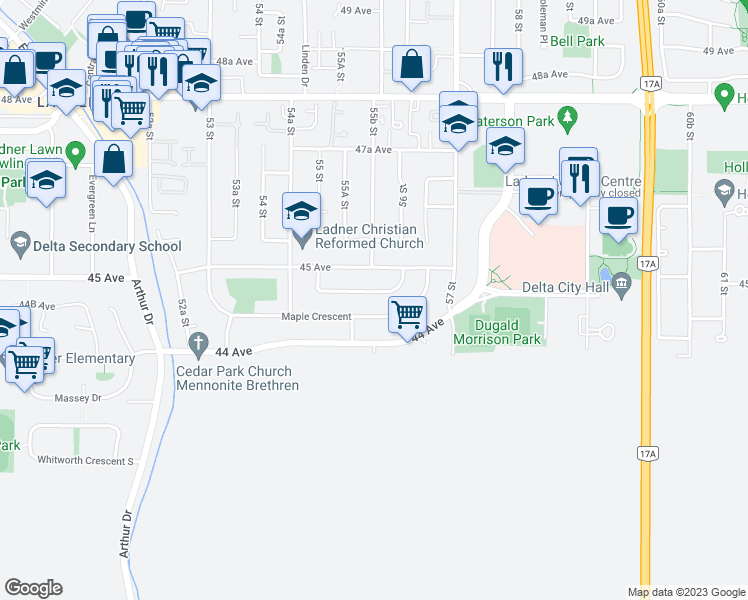 map of restaurants, bars, coffee shops, grocery stores, and more near 5514 Chestnut Crescent in Delta