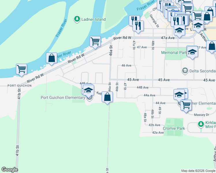 map of restaurants, bars, coffee shops, grocery stores, and more near 4610 44B Avenue in Delta