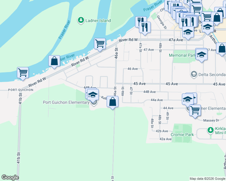 map of restaurants, bars, coffee shops, grocery stores, and more near 4630 44B Avenue in Delta