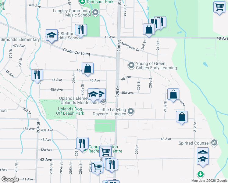 map of restaurants, bars, coffee shops, grocery stores, and more near 4545 208 Street in Langley