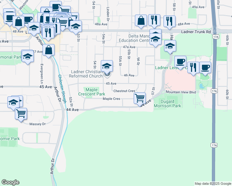map of restaurants, bars, coffee shops, grocery stores, and more near 5458 Chestnut Crescent in Delta