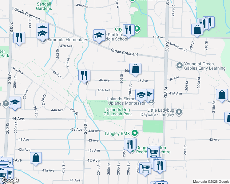 map of restaurants, bars, coffee shops, grocery stores, and more near 20560 45A Avenue in Langley