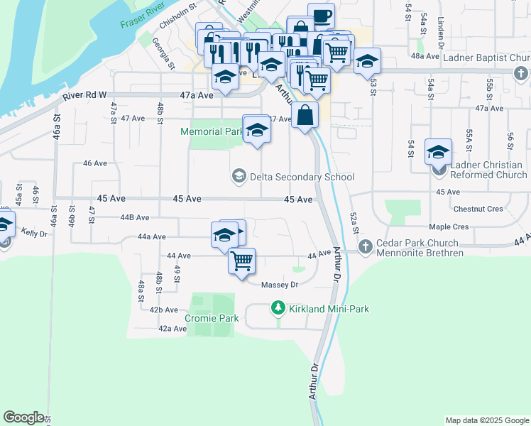 map of restaurants, bars, coffee shops, grocery stores, and more near 5095 44B Avenue in Delta