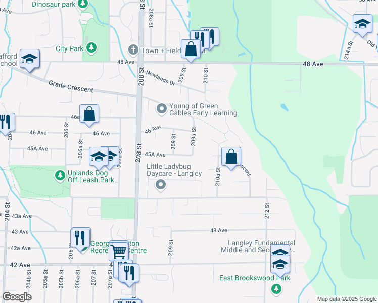 map of restaurants, bars, coffee shops, grocery stores, and more near 20951 45A Avenue in Langley