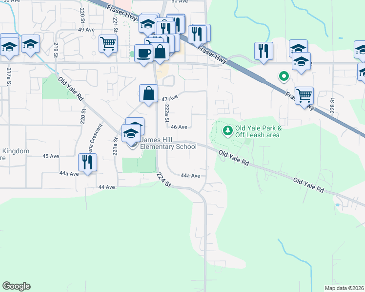 map of restaurants, bars, coffee shops, grocery stores, and more near 22 Old Yale Road in Langley