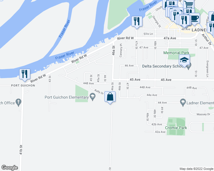 map of restaurants, bars, coffee shops, grocery stores, and more near 4610 44B Avenue in Delta