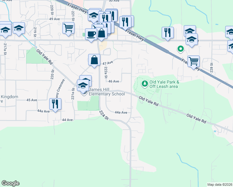 map of restaurants, bars, coffee shops, grocery stores, and more near 22 Old Yale Road in Langley