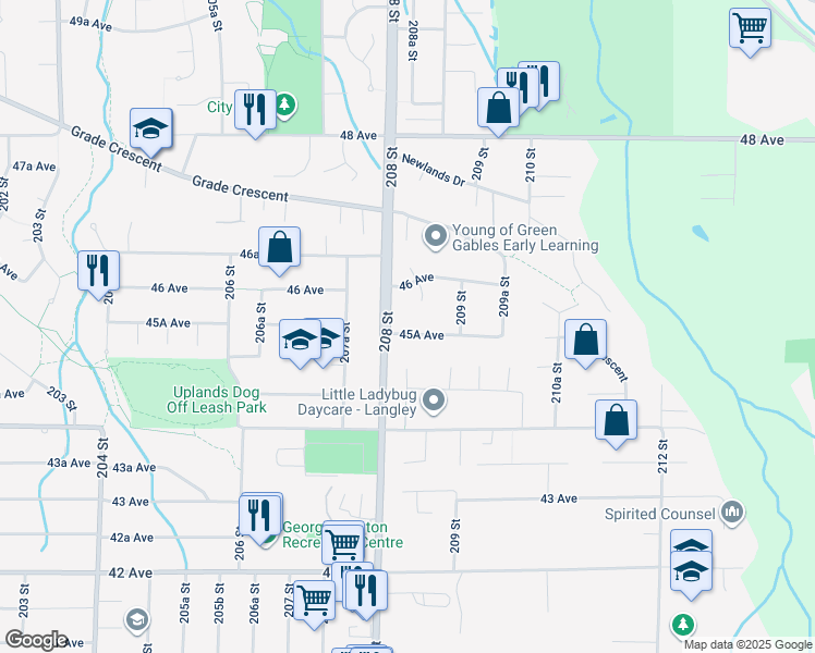 map of restaurants, bars, coffee shops, grocery stores, and more near 20837 45A Avenue in Langley