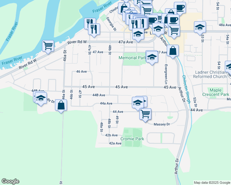 map of restaurants, bars, coffee shops, grocery stores, and more near 4893 44B Avenue in Delta