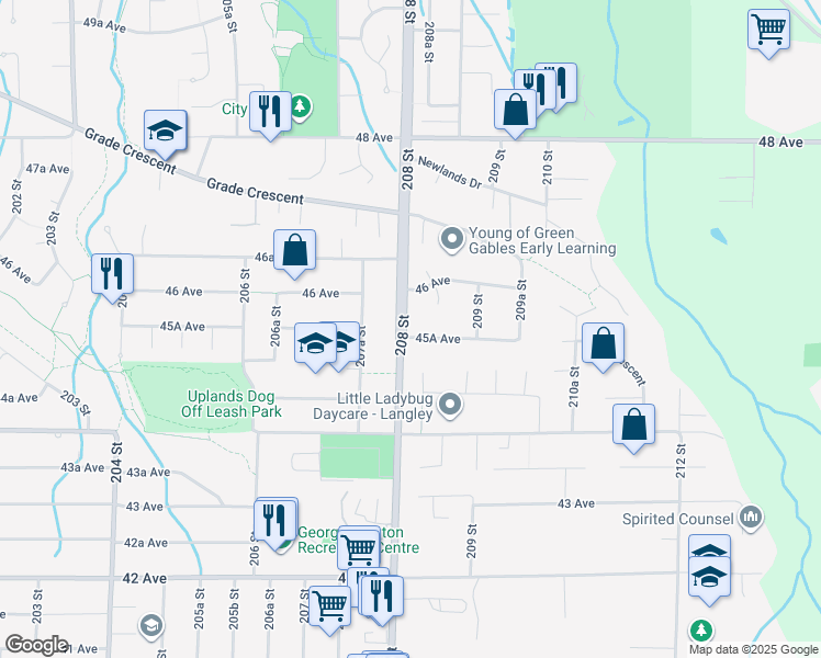 map of restaurants, bars, coffee shops, grocery stores, and more near 20815 45A Avenue in Langley