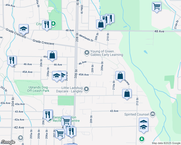 map of restaurants, bars, coffee shops, grocery stores, and more near 4551 209 Street in Langley