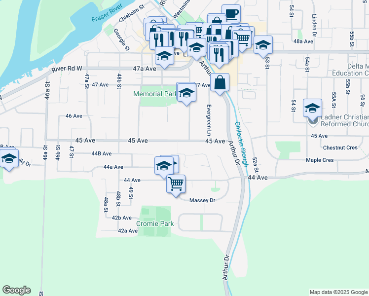 map of restaurants, bars, coffee shops, grocery stores, and more near 5066 45 Avenue in Delta