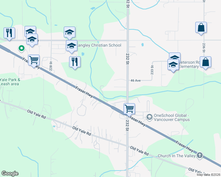 map of restaurants, bars, coffee shops, grocery stores, and more near 4533 232 Street in Langley Township