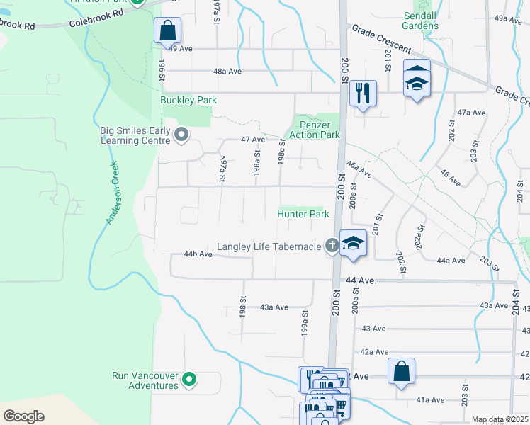 map of restaurants, bars, coffee shops, grocery stores, and more near 4540 198B St in Langley