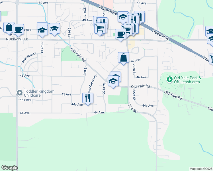 map of restaurants, bars, coffee shops, grocery stores, and more near 4536 221A Street in Langley