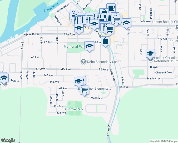map of restaurants, bars, coffee shops, grocery stores, and more near 5072 45 Avenue in Delta