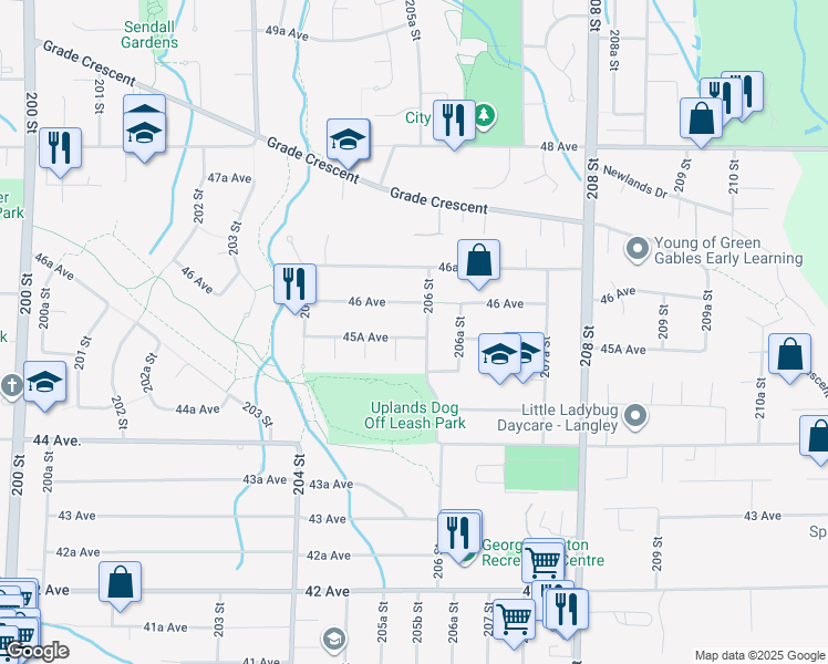 map of restaurants, bars, coffee shops, grocery stores, and more near 20585 45A Avenue in Langley