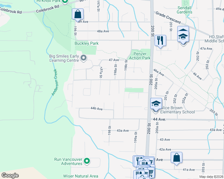 map of restaurants, bars, coffee shops, grocery stores, and more near 4560 198 Street in Langley