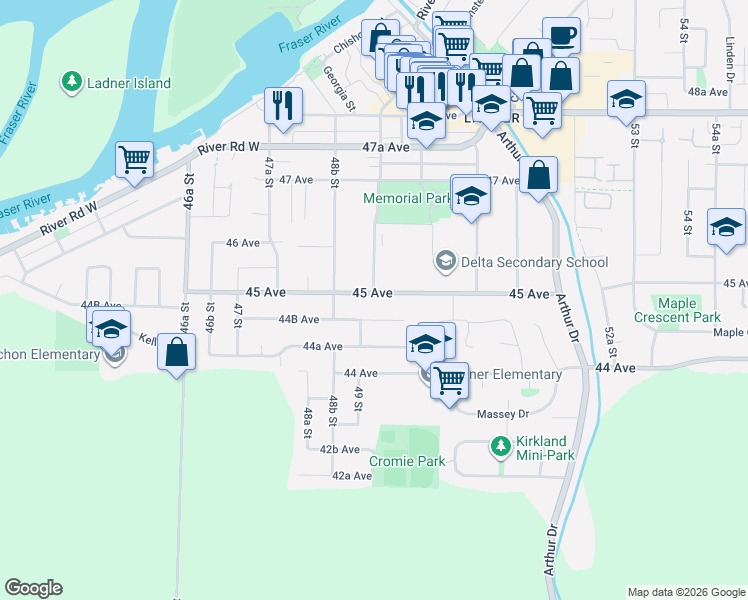 map of restaurants, bars, coffee shops, grocery stores, and more near 4923 44B Avenue in Delta