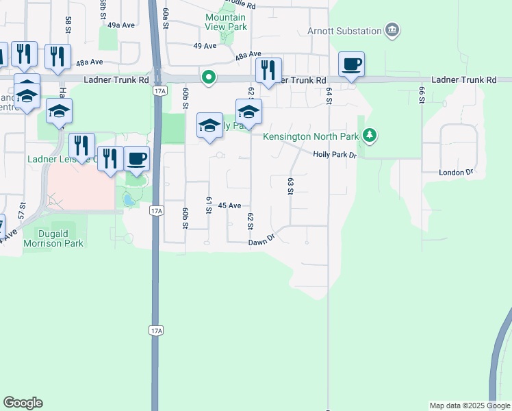 map of restaurants, bars, coffee shops, grocery stores, and more near 4512 62 Street in Delta