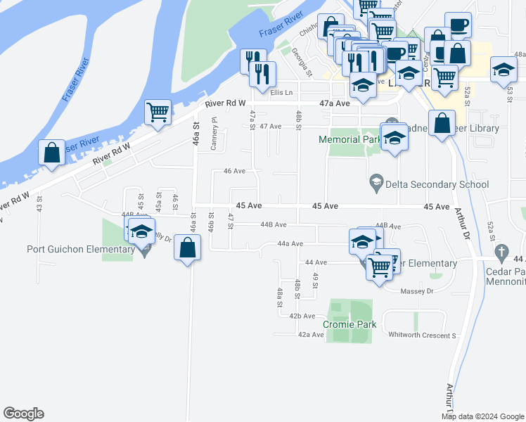 map of restaurants, bars, coffee shops, grocery stores, and more near 4778 45 Avenue in Delta