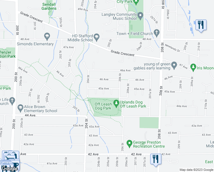 map of restaurants, bars, coffee shops, grocery stores, and more near 20529 45A Avenue in Langley