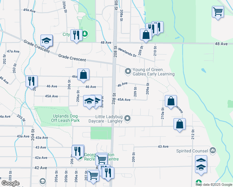 map of restaurants, bars, coffee shops, grocery stores, and more near 4536 208 Street in Langley