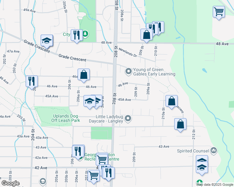 map of restaurants, bars, coffee shops, grocery stores, and more near 4530 208 Street in Langley
